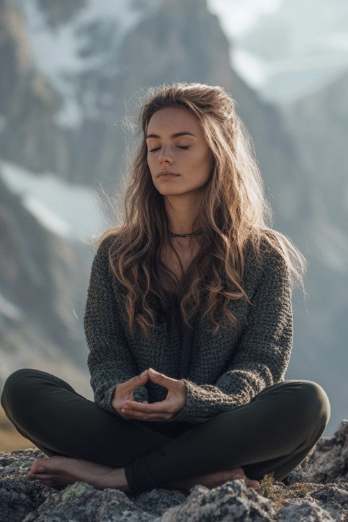 Woman meditating in the serene Swiss Alps, embodying mindfulness and connection to nature