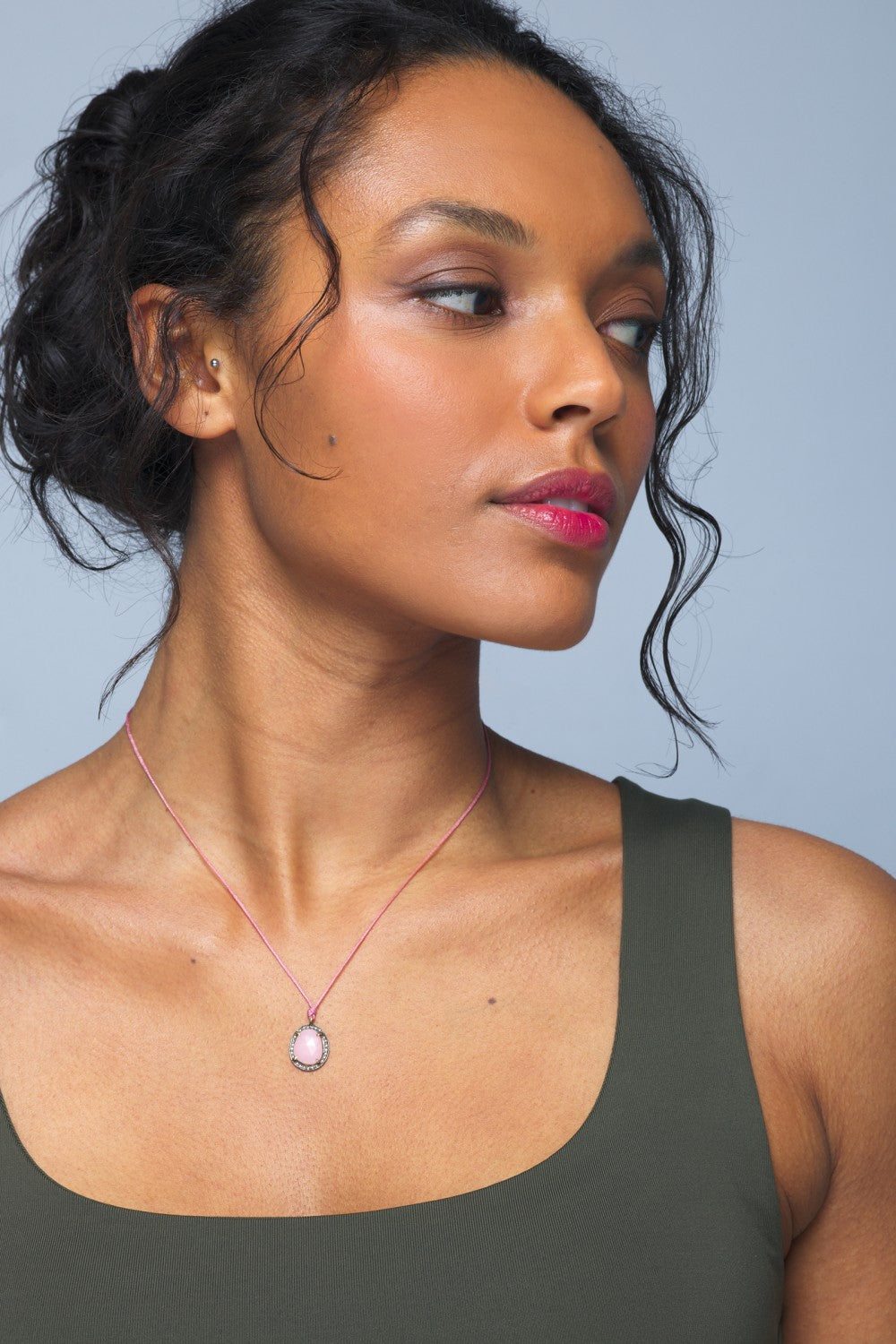 model wearing pink opal necklace