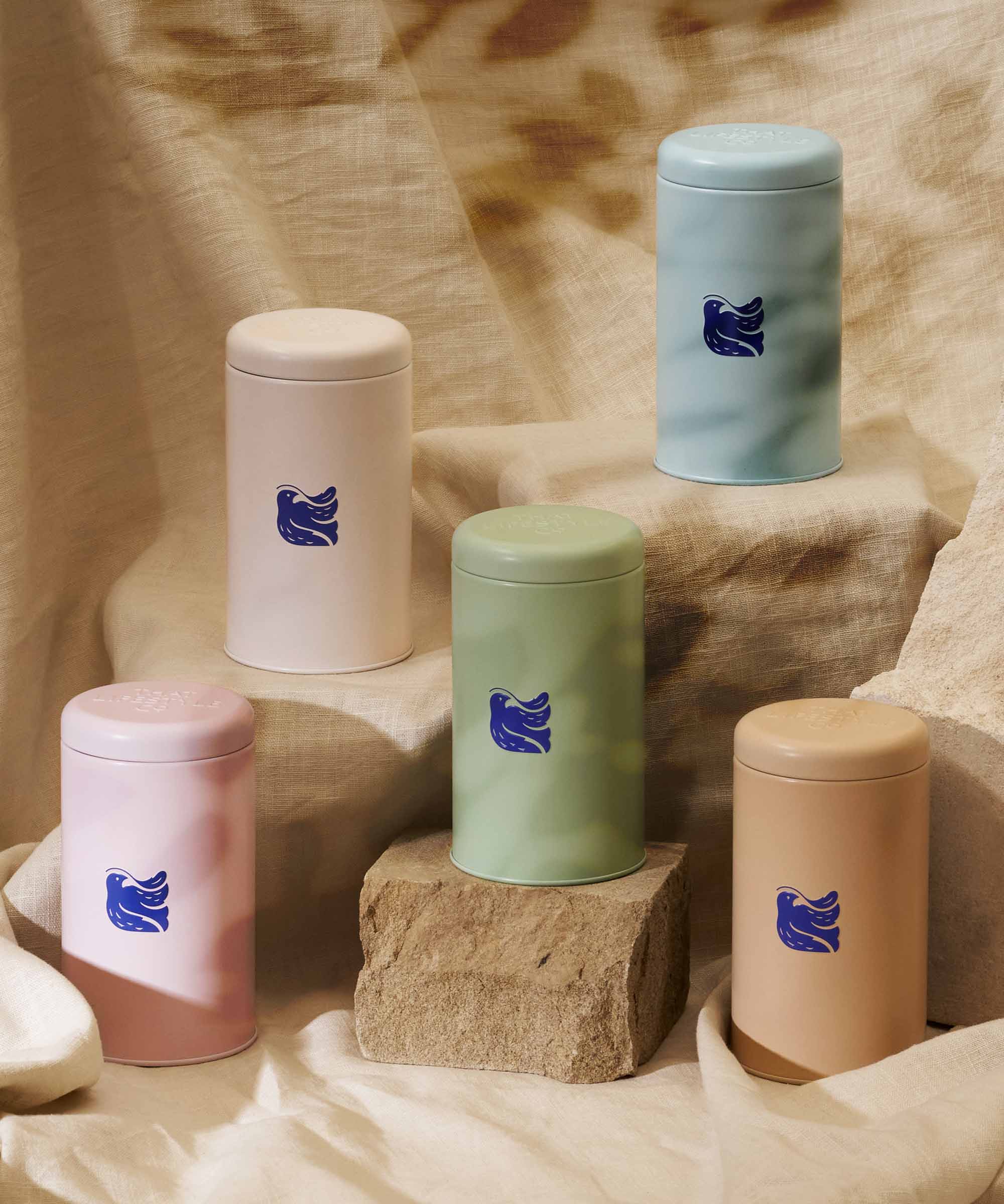 Beautifully arranged pastel-coloured reusable tea tins from the Organic Tea Collection x5, styled against a natural backdrop