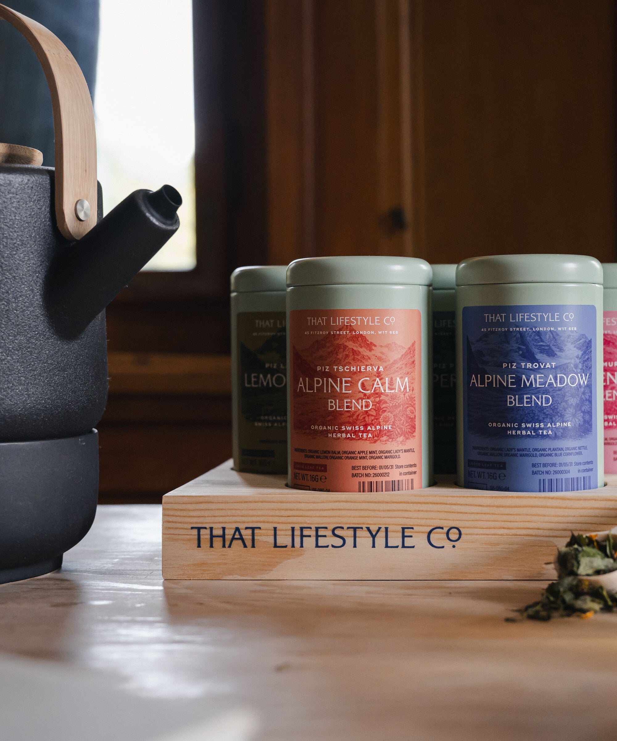 Organic Swiss Herbal Tea Collection with Wooden Display Tray